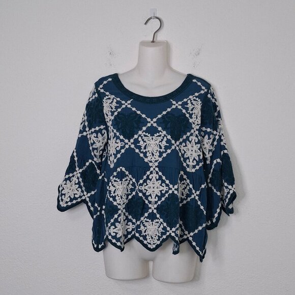 Anthropologie Kindred Babydoll Blouse Sz S Crochet Embroidered Boho Artsy Hippie - Picture 1 of 15